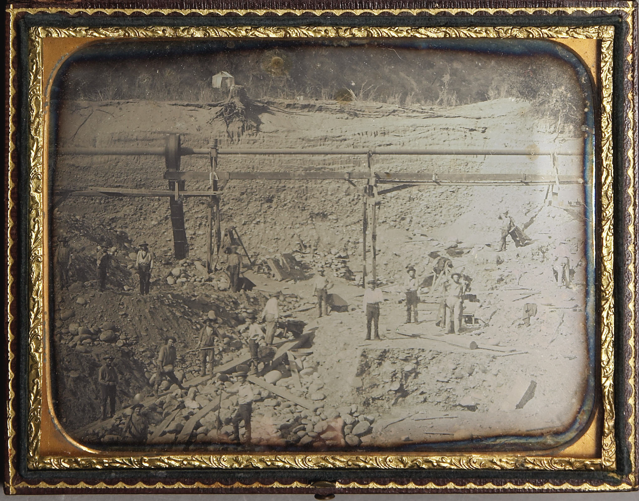 half-plate-daguerreotype-of-california-gold-rush-mining-scene-ca-1850s